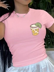INAWLY Y2K Round Neck Lemon Fruit Printed Short Sleeve T-Shirt TEQUILA CHEAPER THAN - Pink - View 3