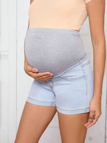 SHEIN Maternity Wideband Waist Roll Hem Denim Shorts - Light Wash - View 4