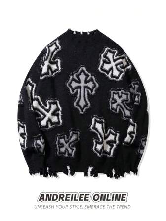 Unisex Casual Loose Fit Cross Jacquard Knit Pullover Sweater, Suitable For Spring, Autumn, Winter, Long Sleeve Top