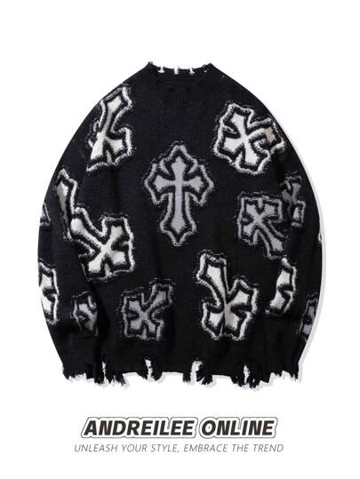 pull ample et décontracté à motif jacquard croisé, unisexe. Convient pour le printemps, l'automne et l'hiver