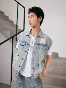 Teenage Boys' Denim Jacket, Fashionable Retro Casual Vintage Distressed Washed Denim Coat