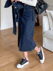 DAZY Split Hem Slant Pocket Denim Skirt Jeans Skirt - Blue - View 3