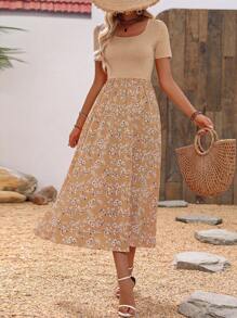 EMERY ROSE Contrast Ditsy Floral Print A-Line Dress For Summer Vacation Maxi Women Outfit - Khaki - View 5