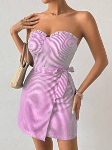 Chiquease Strapless Striped Lace Bodice Bodycon Mini Dress With Belt - Pink - View 5