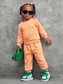 SHEIN 3pcs Baby Girls' Fall Orange & Pink Street Style American Cool Daily Casual Outfit Set