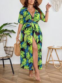 SHEIN Swim Curve Plus Size Tropical Printed Beach Cover-Up Kimono, Summer - Green - View 6