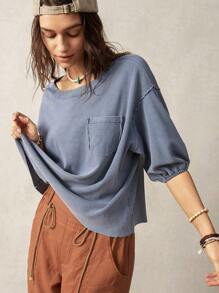 Bohemela Women's Solid Color Round Neck Drop Shoulder Short Sleeve Loose Casual T-Shirt For Vacation - Blue - View 8