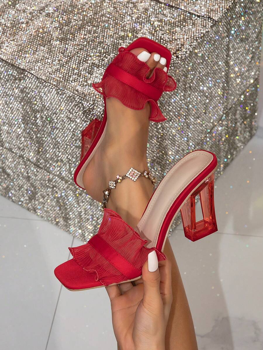Women's Square-Toe Transparent Mesh Rhinestone High Heel Red Sandals - Red - View 1