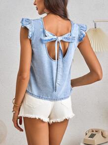 SHEIN LUNE Blusa de mezclilla simple de uso diario para mujer en unicolor con dobladillo de volantes - Lavado ligero - Ver 2