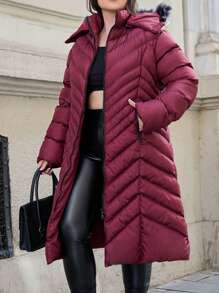 RueChic Plus Size Zip Up Fuzzy Trim Hooded Puffer Coat, For Winter - Red - View 6