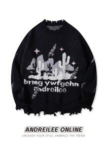 ANDREILEEANDREILEE Men's Street Style Sweater, Unisex Crew Neck Knit Pullover - Black - View 1