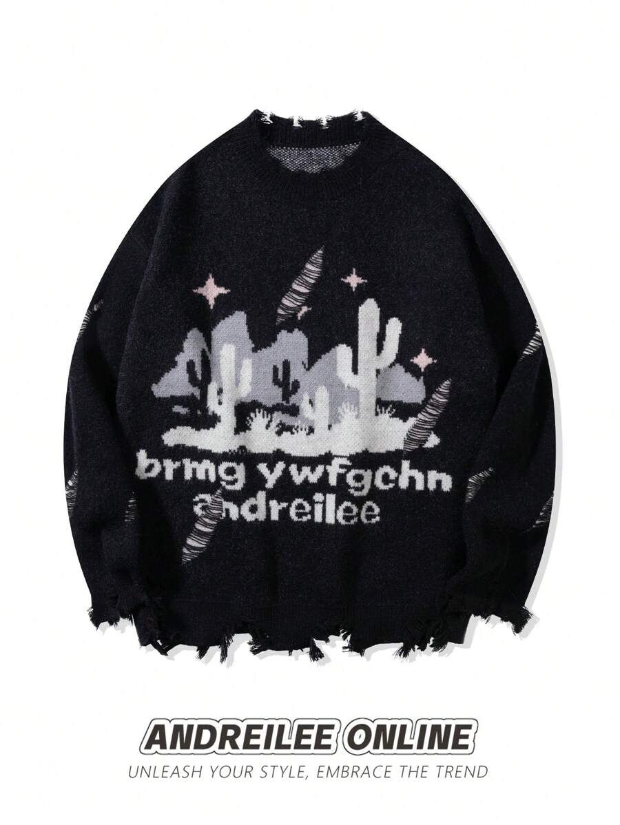 ANDREILEEANDREILEE Men's Street Style Sweater, Unisex Crew Neck Knit Pullover - Black - View 1