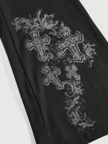 ROMWE Goth Plus Size Cross & Vine Shaped Print Skinny Flared Pants With V-Waist, School - Black - View 4