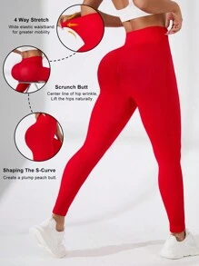 Women's Seamless High Waist Solid Color Sports Leggings - Red - View 2
