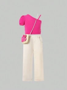 SHEIN 2 件套年轻女孩紫红色半短袖吊带背心罗纹针织上衣 + 松紧腰阔腿编织裤，春夏休闲装 - 玫紅色 - 查看 1