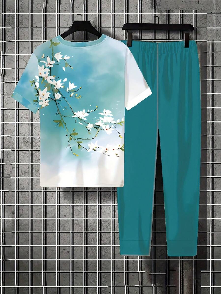 SHEIN LUNE 女士花卉圖案T恤和短褲套裝，藍綠色假日/週末印花日常休閒合身版型