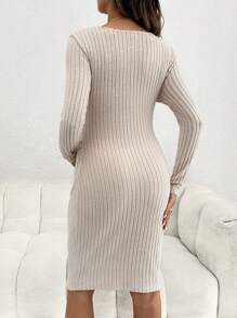 SHEIN 孕婦日常休閒圓領哺乳裙，長袖和腰部扭結結繩設計 - 杏色 - 查看 2