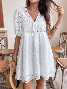 SHEIN Frenchy Eyelet Embroidery Knot Front Puff Sleeve Dress For Summer Vacation Women's Date Night Dress Earthy Clothes Old Money Summer Plain Bow Tie Texture Peter Pan Collar Dress Knotted Casual Short Sleeve Dress Tie Dress Puff Sleeves Babydoll Casual Dress Cute Summer Dress Back To School Clothes Fall Women Clothes 4th Of July Clothes White