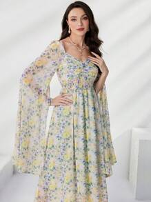 Mulvari Floral Print Ruched Bust Split Sleeve Arabian Dress