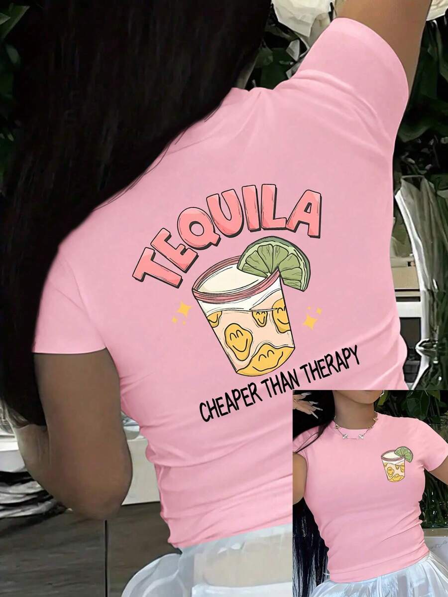 INAWLY Y2K Round Neck Lemon Fruit Printed Short Sleeve T-Shirt TEQUILA CHEAPER THAN - Pink - View 1