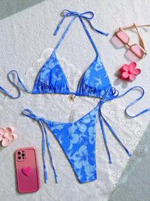 Swim Mod 女士夏季沙灘花卉印花露背領帶雙件式比基尼套裝 - 藍色 - 查看 2