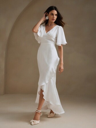 Anewsta Vestido Longo Envelope com Mangas Borboleta, Bainha com Babado em Cetim para Mulheres