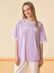 Gudetama X SHEIN 女士夏季卡通和字母印花對比邊飾短袖T恤