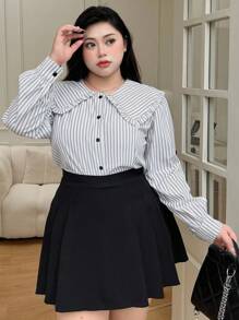 Dazy Petite Plus Plus Size Striped Statement Collar Shirt, Fall Women Clothes Long Sleeve Top - Blue - View 6