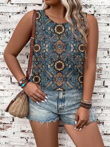 EMERY ROSE Top sin mangas de estilo vintage y casual con estampado para mujeres talla grande, para el verano