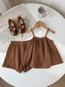 SHEIN LMoss Kids Áo hai dây đơn giản, rộng rãi, thoải mái cho bé gái mùa hè LMoss, quần short gấu xếp, 2 chiếc/bộ - màu nâu - Xem 2