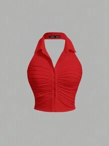 SHEIN MOD Women's Solid Color V-Neck Ruched Backless Tank Top - Red - View 1