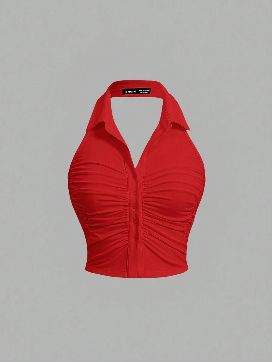SHEIN MOD Women's Solid Color V-Neck Ruched Backless Tank Top - Red - View 1