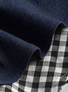 SHEIN MOD 女式格子印花撞色连衣裙，肩带较粗，荷叶边下摆，夏季复古风格 - 黑與白 - 查看 5