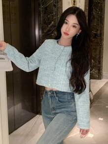 DAZY 女士簡約純色休閒長袖短外套 - 藍色 - 查看 5