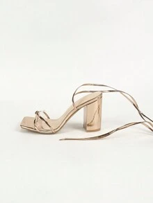 女款香檳金方頭十字交叉繫帶高跟鞋,性感優雅派對鞋,百搭舒適增高功能 - 香檳色 - 查看 4