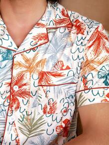 Manfinity ChillVibe Men's Floral Print Front Button Short Sleeve Shirt And Shorts Set, Casual Homewear For Summer