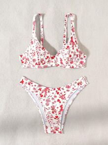 SHEIN Swim 女士两件套比基尼套装，随机印花，版权已购买，钢圈设计夏季海滩 - 彩色 - 查看 5