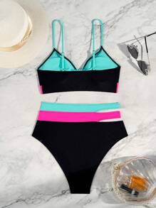 SHEIN Swim Women's Summer Beach Color Block Push Up Twist Knot Bikini Set, 2pcs 2 Pieces Bathing Suit