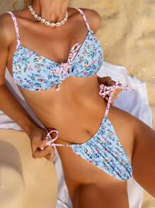 SHEIN Swim Ditsy Floral Print Tie Side Bikini Set Summer - Multicolor - View 3