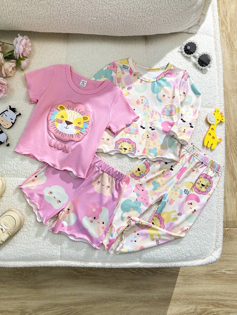 Conjunto de ropa casual elegante y fresco para bebé niña de 4 piezas con estampado de león divertido en color rosa para primavera/verano, incluye camiseta de manga larga y pantalón largo - Multicolor - Ver 1
