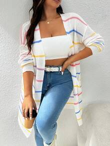 SHEIN Essnce Plus Size Loose Long Sleeve Striped Cardigan In Multiple Colors - Multicolor - View 5
