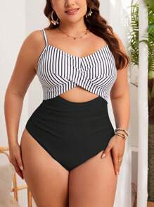 SHEIN Swim Curve Plus Size damski jednoczęściowy strój kąpielowy w paski, z wycięciem w talii, letni, stroje kąpielowe w dużych rozmiarach - Czarne - Zobacz 1
