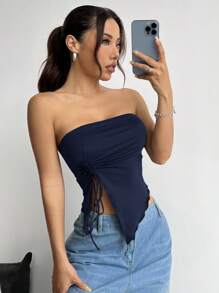 SHEIN EZwear 女式夏季休闲纯色露肩上衣，不对称下摆和抽绳 - 藏蓝色 - 查看 6