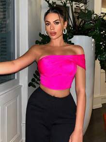 SHEIN SXY Padded Built-In Bra Padding Chest Pad Removable Padding Chest Cup Non Removable Padding Women's One Shoulder Ruched Bustier Crop Top - Hot Pink - View 3