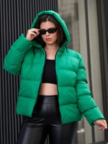 RueChic Plus Zip Up Hooded Belted Puffer Coat - Green - View 1