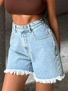 Medium Cut-Off Denim Shorts With Distressed Frayed Hem, High Waist - Light Wash - View 6