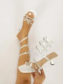 Sandálias de Salto Alto para Mulheres, Embaladas em Strass com Forma de Borboleta, Dedo Aberto, Belos Saltos Finos com Brilho, Adequados para Casamentos e Outras Ocasiões - Branco - Visão 4