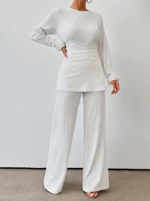 EURMUSE Women's Plain Simple Daily Long Sleeve Top And Long Pants Set - White - View 5