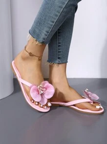 花朵沙滩凉鞋，2025新款夏季休闲平底拖鞋，女士舒适度假风，大码，人字拖 - 粉色 - 查看 3