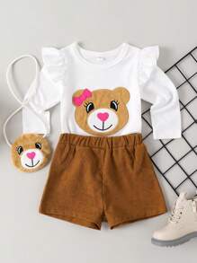 Conjunto de 3 peças para bebê menina, top bordado com design de urso de mangas compridas, gola redonda, bainha babado, shorts e bolsa em formato de urso. Lindo e fashion, ideal para o verão. - Castanho - Visão 1